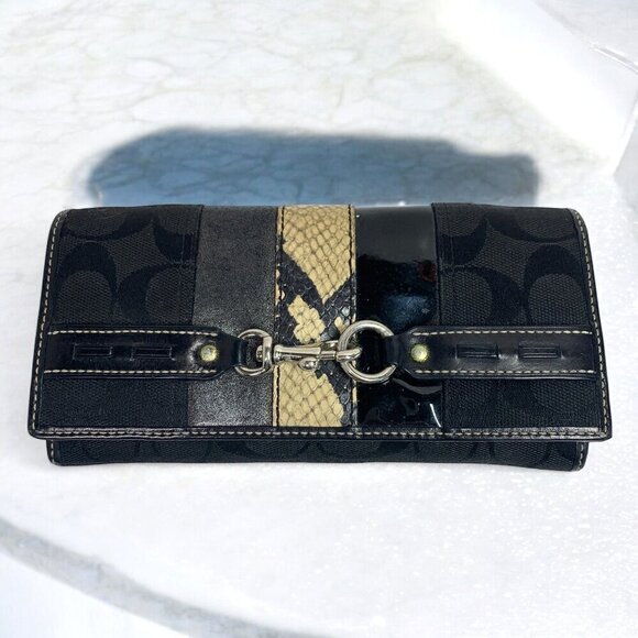 COACH Signature Large Wallet Black Canvas & Leather Beige Snakeskin Stripe - Picture 14 of 14
